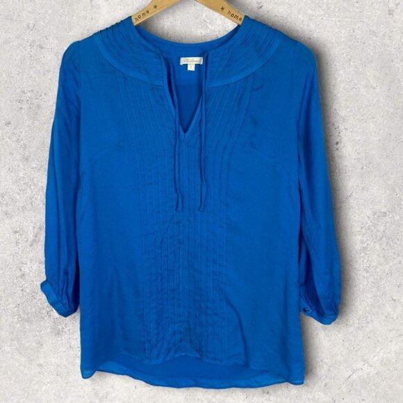 Revolve Shoshanna 100% Silk Blue Pleated‎ Front Blouse Size 2 Top 3/4 Sleeves - Picture 1 of 8